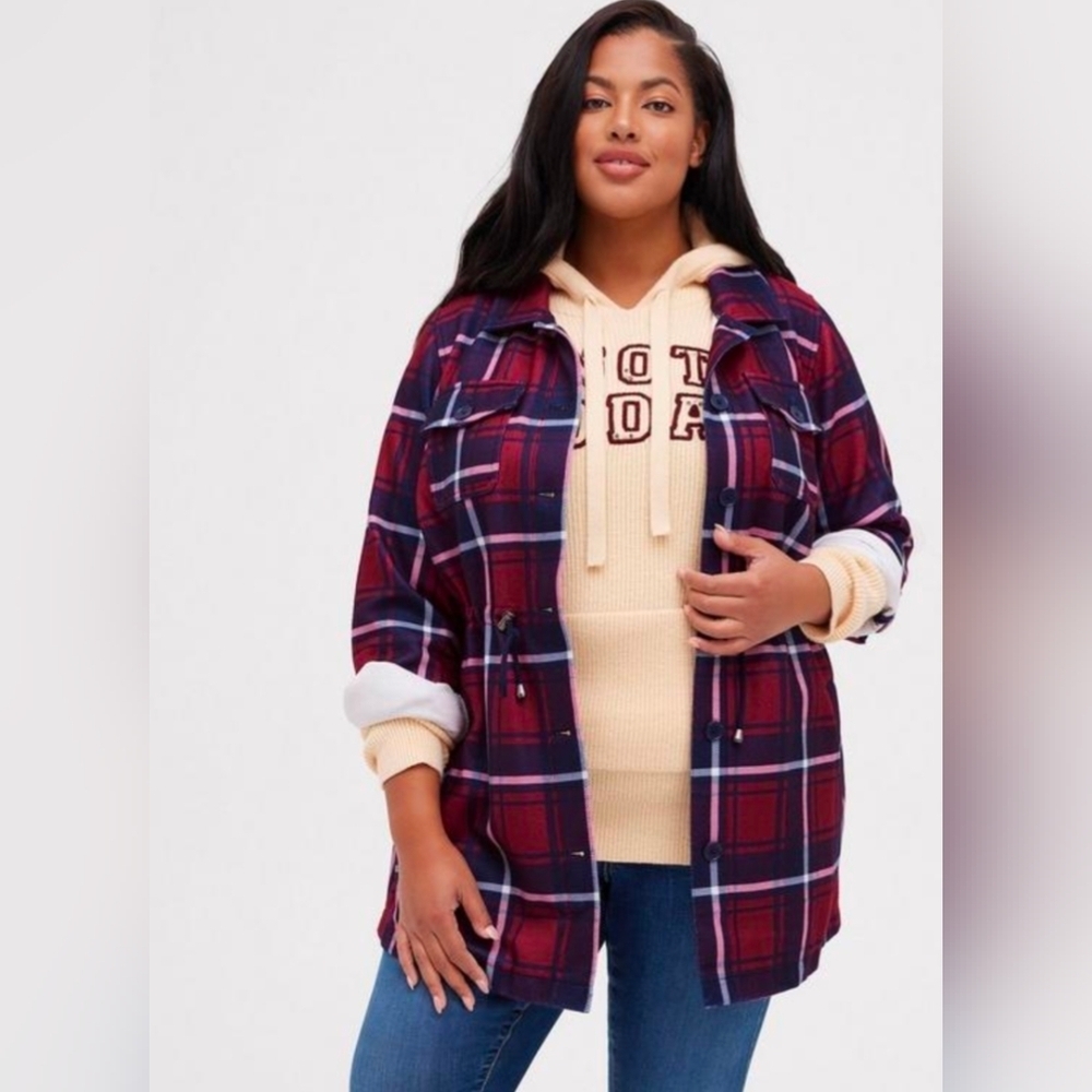 Torrid Jacket Coat Women's 2X Red Plaid Fleece Pockets & Drawstring Waist NWT!